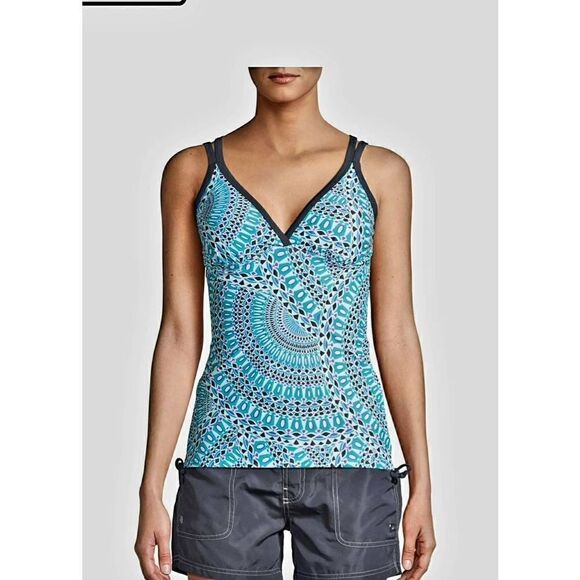 FREE TECH Other - Gray and Blue One Piece Swimwear with Geometric Pattern